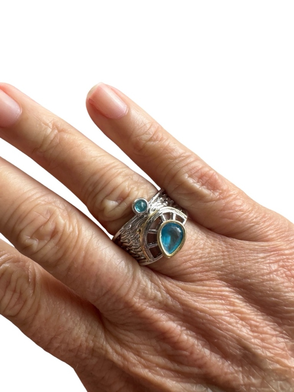 Unique Geometric Silver Gold and Turquoise Gemstone Ring